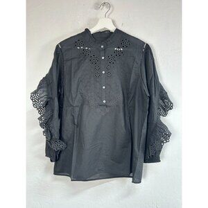 J.Crew Womens Ruffle-Sleeve Top with Embroidered Eyelet Medium Black AR971 New